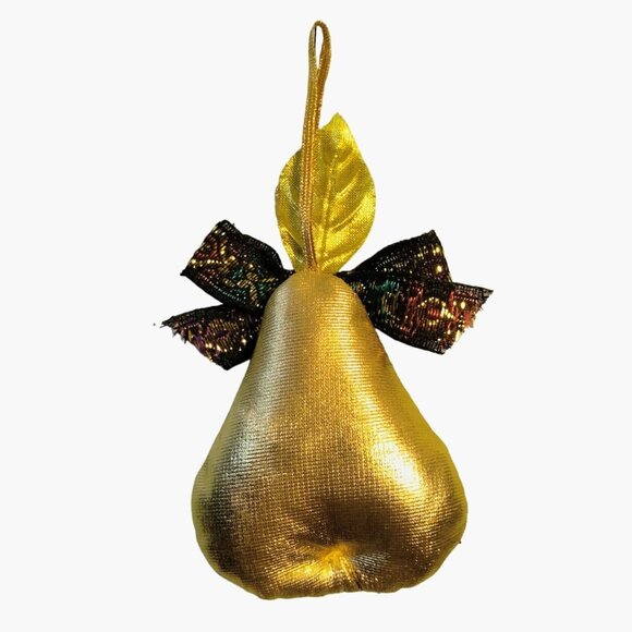 Gold Pear Christmas Ornament Victorian Brocade Bow Fabric Lame - Picture 2 of 4